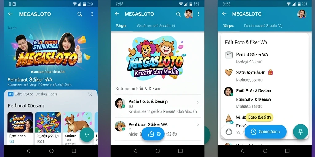 Antarmuka pengeditan MEGASLOTO dengan fitur pembuat stiker.